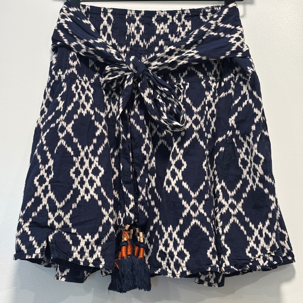 Anthropologie Navy Blue White Ikat‎ Cotton Mini Skirt Tassel Tie Waist Womens M